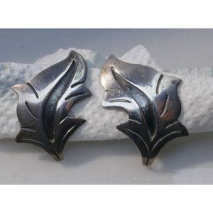 Sterling Silver Leaf Earrings Vintage Screw Back Signed JS